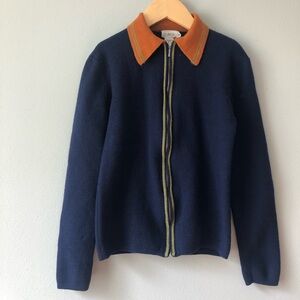 J . Crew Zip Up Cardigan, Navy & Orange, Collar, 100% Merino Wool, Small